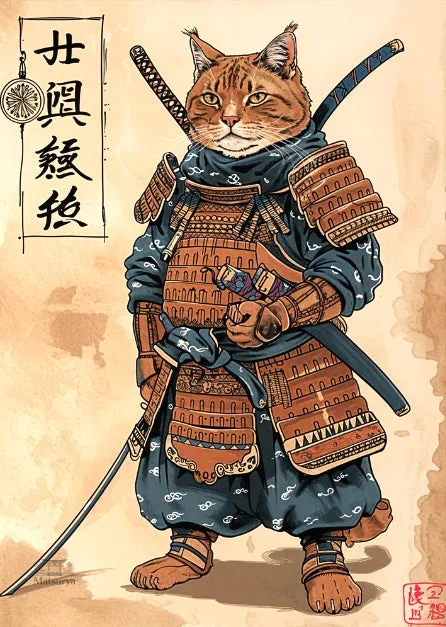 affiche-japonaise-retro-chat-samourai-1 Affiche japonaise rétro représentant un chat samouraï