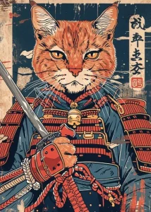 Art japonais avec un chat samouraï en style rétro