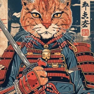 Art japonais avec un chat samouraï en style rétro