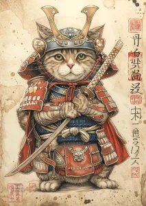 Poster décoratif de chat samouraï dans un design vintage