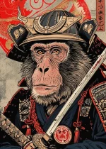 Affiche Japonaise Rétro Chimpanzé Samouraï