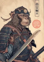Affiche rétro d'un chimpanzé samouraï en style japonais