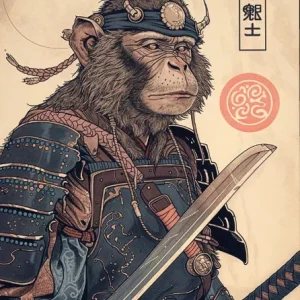 Affiche rétro d'un chimpanzé samouraï en style japonais