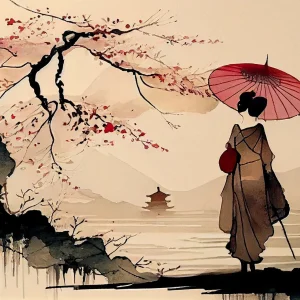 Affiche rétro femme avec ombrelle