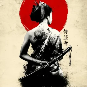 Affiche rétro femme samouraï, art japonais classique