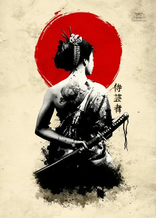 affiche-japonaise-retro-femme-samourai-1 Affiche rétro femme samouraï, art japonais classique