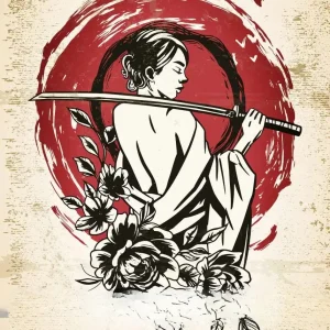 Illustration de femme samouraï, affiche japonaise vintage