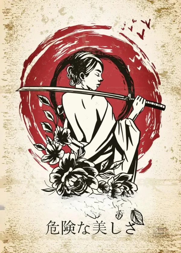 Illustration de femme samouraï, affiche japonaise vintage