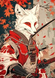 Affiche rétro Kitsune et samouraï, art japonais traditionnel