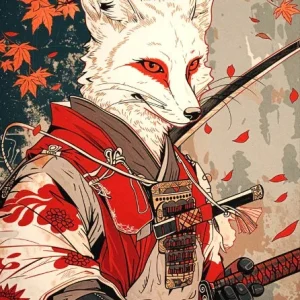 Affiche rétro Kitsune et samouraï, art japonais traditionnel
