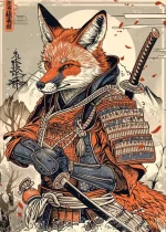 Affiche japonaise décorative Kitsune, thème samouraï vintage