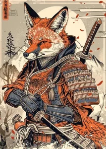 Affiche japonaise décorative Kitsune, thème samouraï vintage