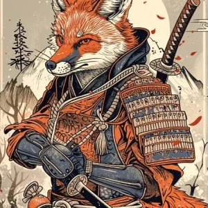Affiche japonaise décorative Kitsune, thème samouraï vintage