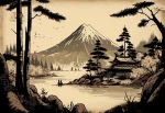 Affiche japonaise rétro avec lac et Mont Fuji