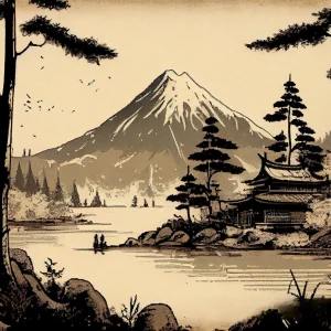 Affiche japonaise rétro avec lac et Mont Fuji