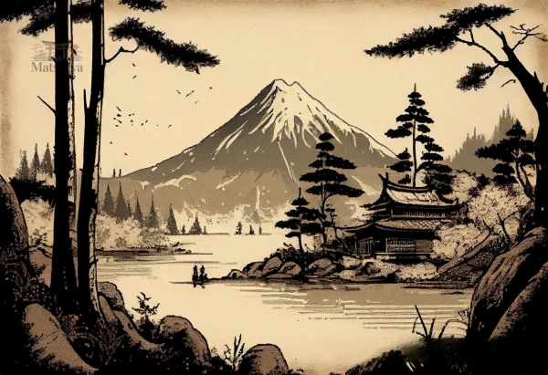 affiche-japonaise-retro-lac-et-mont-fuji-1 Affiche japonaise rétro avec lac et Mont Fuji
