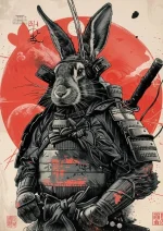 Affiche rétro japonaise représentant un lapin samouraï
