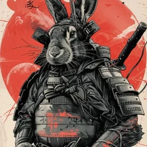 Affiche rétro japonaise représentant un lapin samouraï