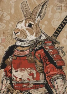 Illustration japonaise d'un samouraï lapin dans un style rétro