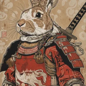 Illustration japonaise d'un samouraï lapin dans un style rétro