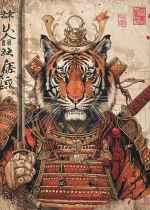 Affiche rétro de lion samouraï, style japonais traditionnel