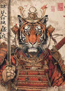 Affiche rétro de lion samouraï, style japonais traditionnel