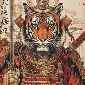 Affiche rétro de lion samouraï, style japonais traditionnel