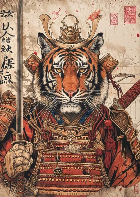 affiche-japonaise-retro-lion-samourai-1 Affiche rétro de lion samouraï, style japonais traditionnel