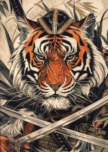 Art japonais affiche, lion samouraï, décoration murale unique