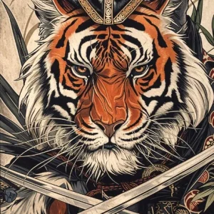 Art japonais affiche, lion samouraï, décoration murale unique