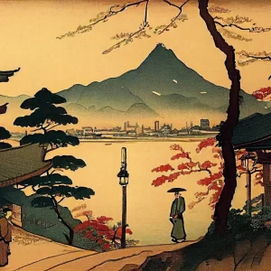 Affiche japonaise rétro Maison Traditionnelle et Fuji Yama