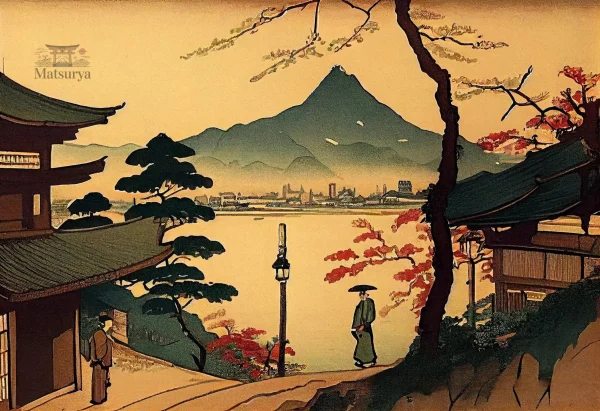 affiche-japonaise-retro-maison-traditionnelle-et-fuji-yama-1 Affiche japonaise rétro Maison Traditionnelle et Fuji Yama