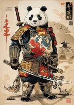 Affiche rétro de panda géant samouraï en style japonais