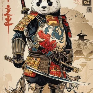 Affiche rétro de panda géant samouraï en style japonais