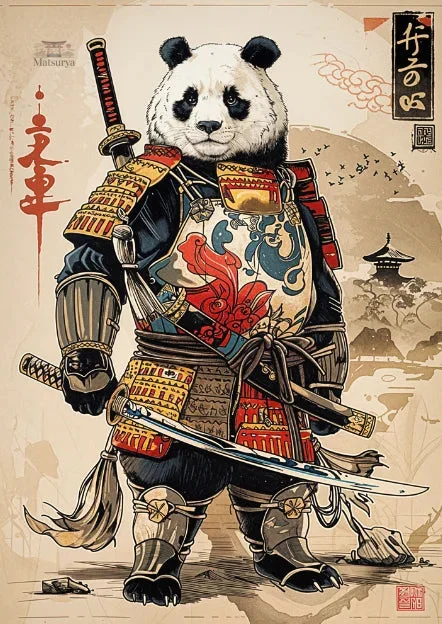 affiche-japonaise-retro-panda-geant-samourai-1 Affiche rétro de panda géant samouraï en style japonais