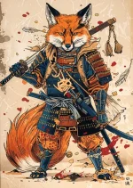 Affiche rétro japonaise de renard samouraï géant