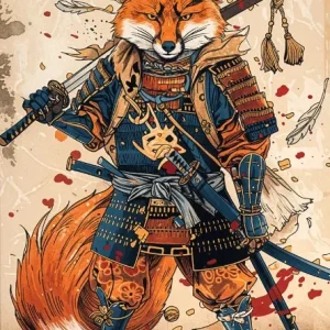 Affiche rétro japonaise de renard samouraï géant