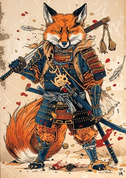 affiche-japonaise-retro-renard-geant-samourai-1 Affiche rétro japonaise de renard samouraï géant