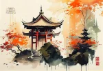 Affiche rétro japonaise représentant un temple traditionnel