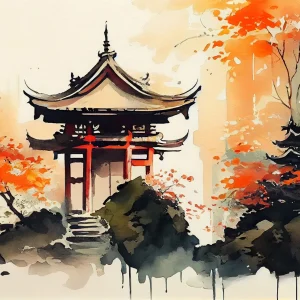 Affiche rétro japonaise représentant un temple traditionnel