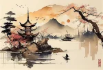 Affiche japonaise rétro représentant un temple sur une rivière