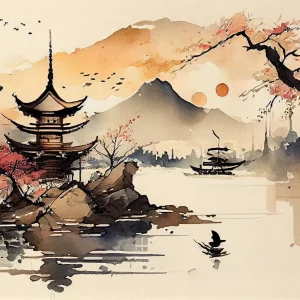 Affiche japonaise rétro représentant un temple sur une rivière