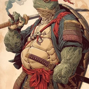 Affiche rétro d'une tortue samouraï japonaise