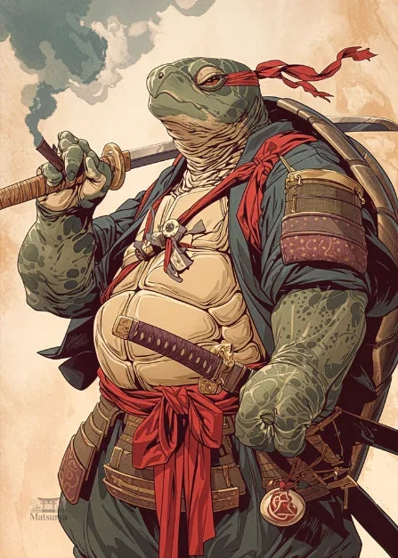 affiche-japonaise-retro-tortue-samourai-1 Affiche rétro d'une tortue samouraï japonaise