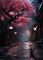 Affiche japonaise représentant une rue des villages avec cerisier