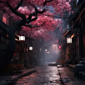 Affiche japonaise représentant une rue des villages avec cerisier