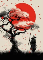 Affiche japonaise représentant un samouraï sous un cerisier