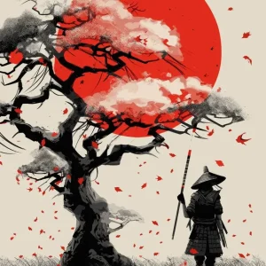 Affiche japonaise représentant un samouraï sous un cerisier