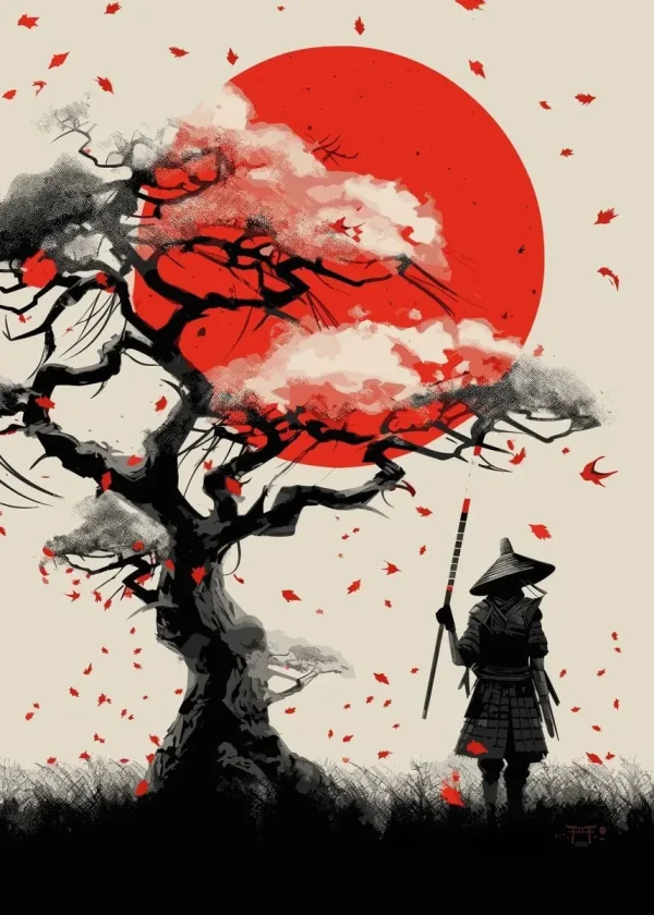 affiche-japonaise-samourai-et-cerisier-1 Affiche japonaise représentant un samouraï sous un cerisier