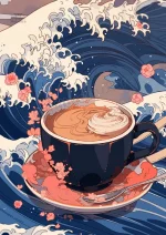 Affiche Japonaise Tasse de Café et Vague Kanagawa